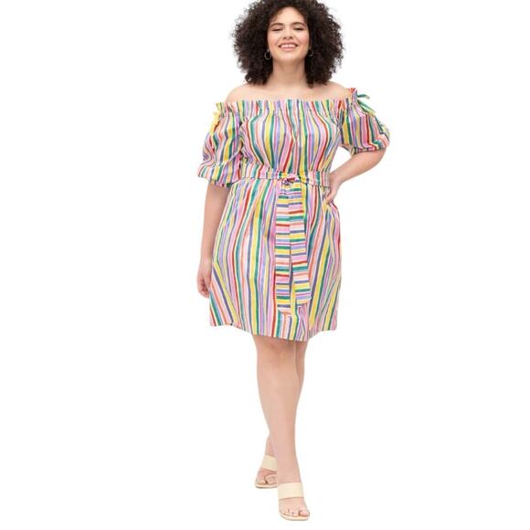 Eloquii Dress Striped Off the Shoulder Rainbow Mini Size 16 - Picture 1 of 12